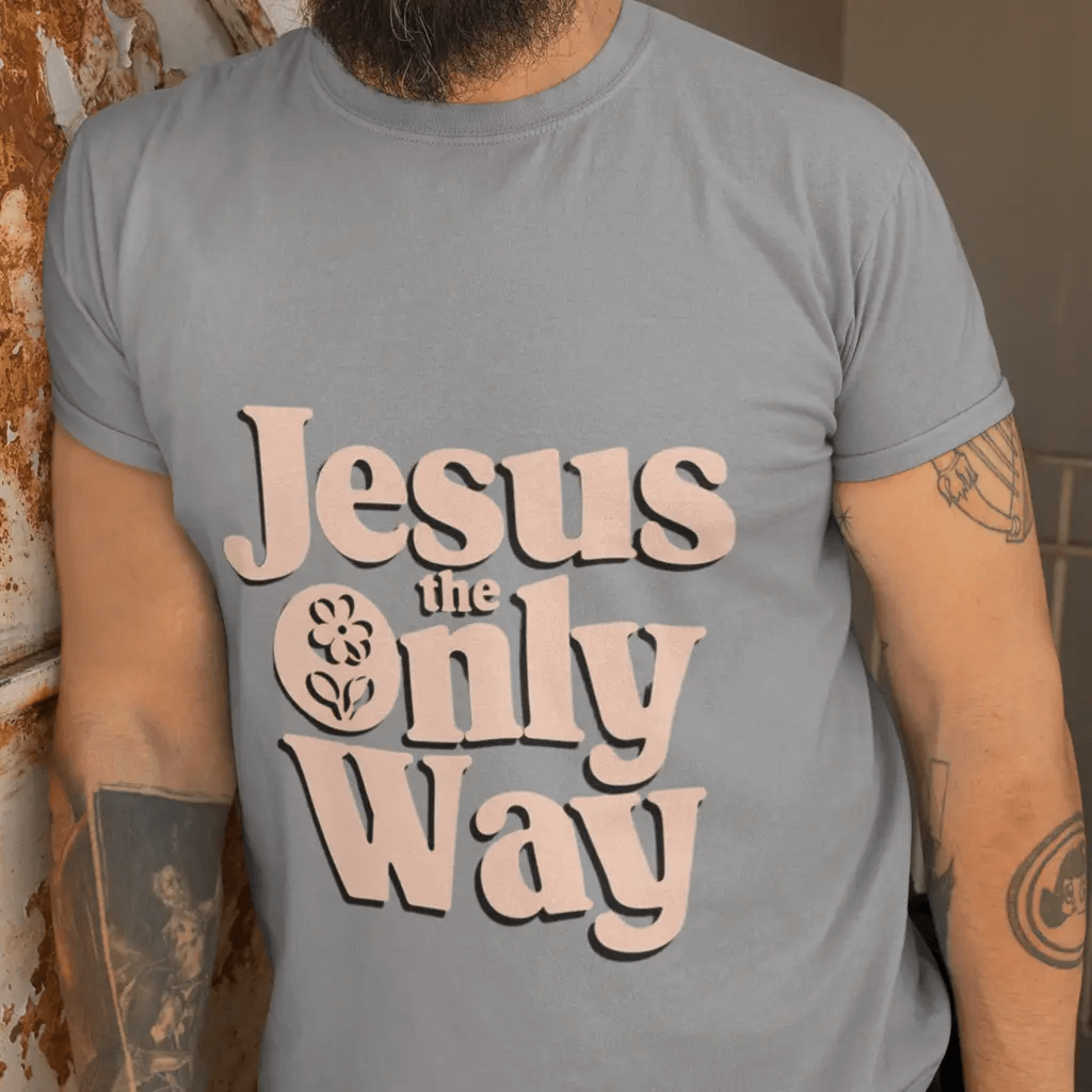 Unisex grey t-shirt featuring the quote 'Jesus the Only Way' in stylish typography, perfect for casual wear.