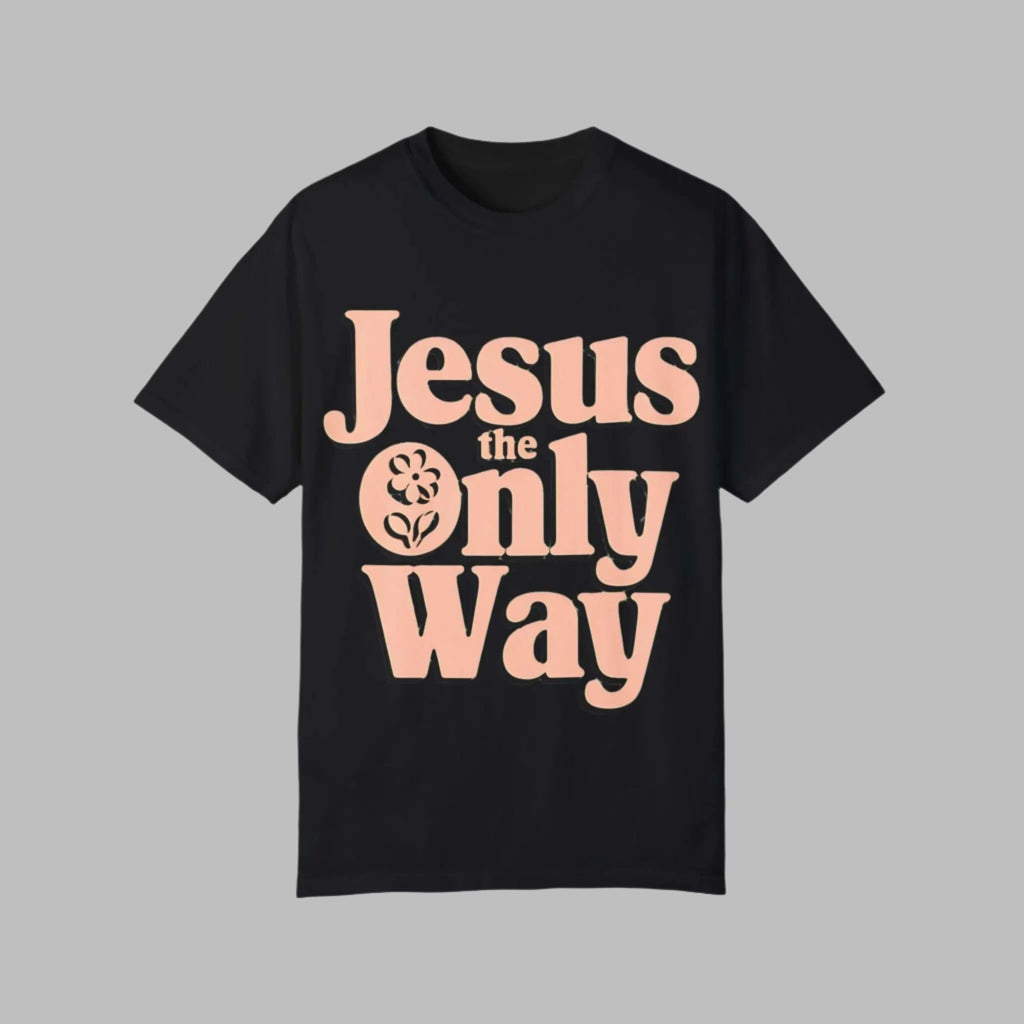 Black unisex t-shirt featuring 'Jesus the Only Way' text design with floral elements.