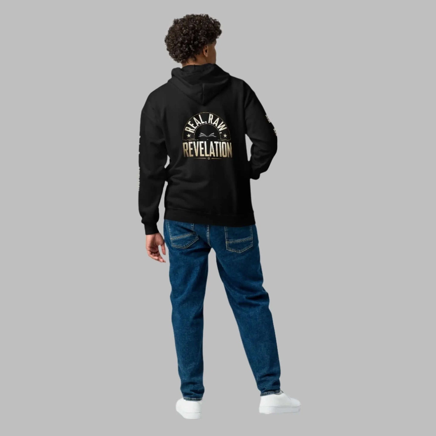 Revelation unisex heavy blend zip hoodie in black, featuring bold Christian message on the back, warm and stylish faith-based apparel