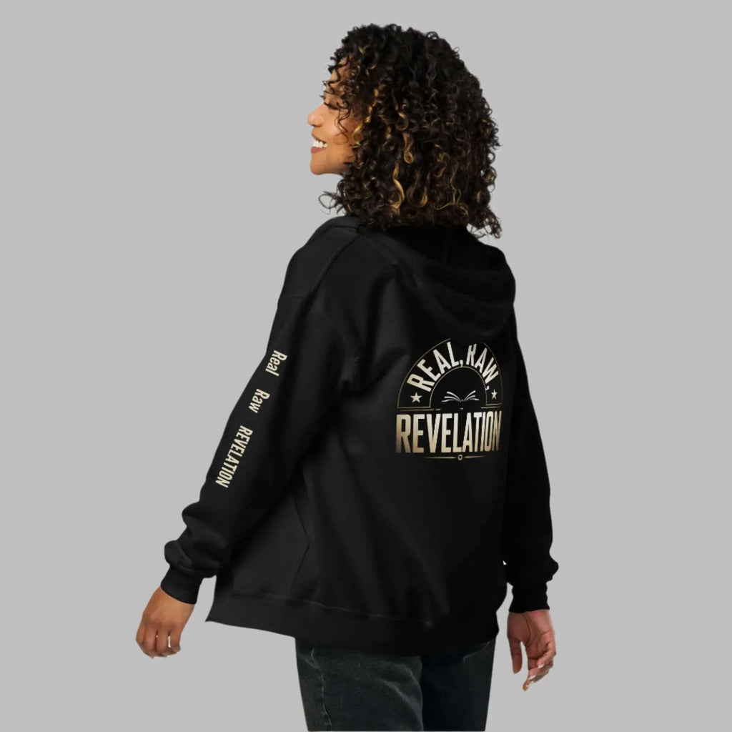 Revelation unisex heavy blend zip hoodie in black, featuring bold Christian message on the back, warm and stylish faith-based apparel