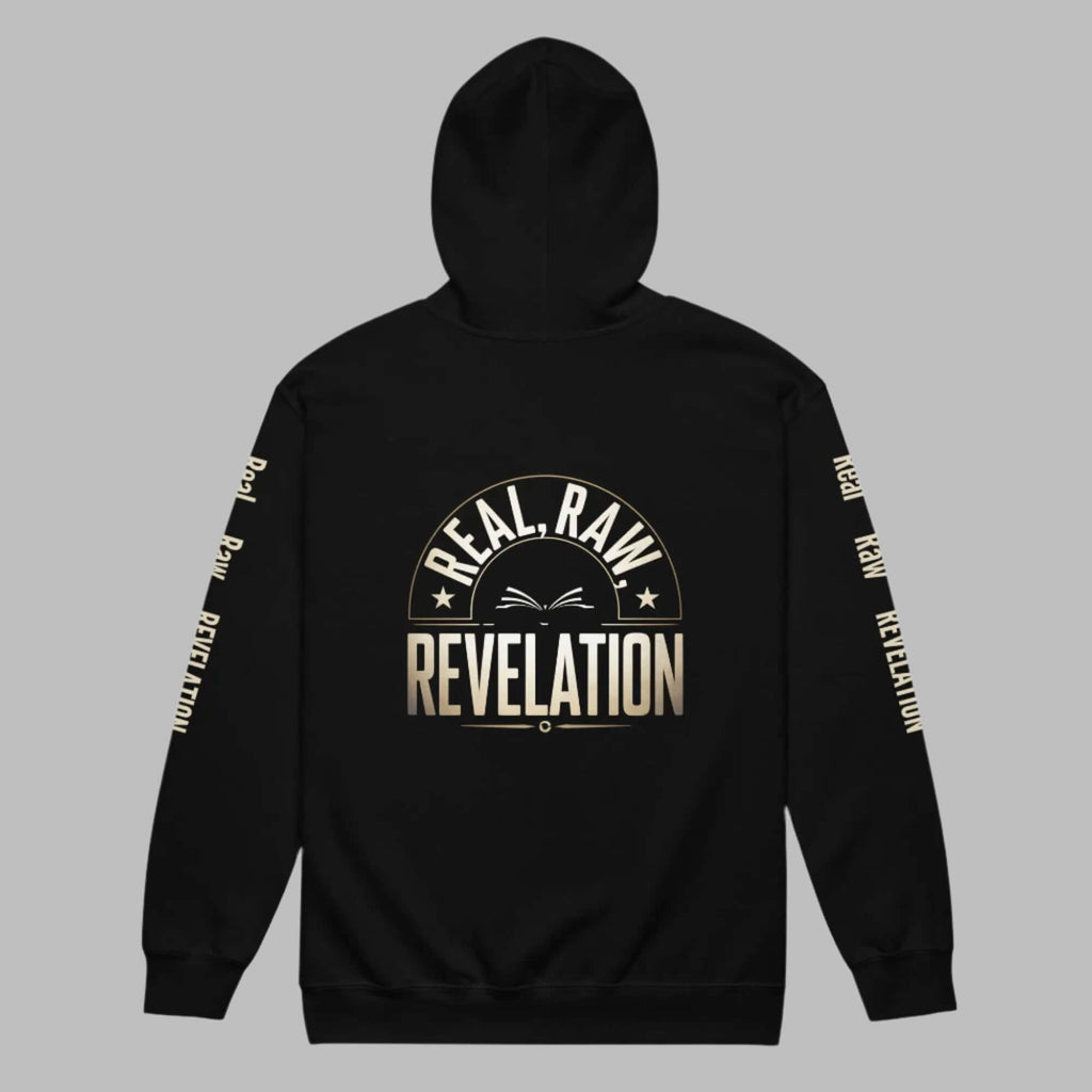 Revelation unisex heavy blend zip hoodie in black, featuring bold Christian message on the back, warm and stylish faith-based apparel