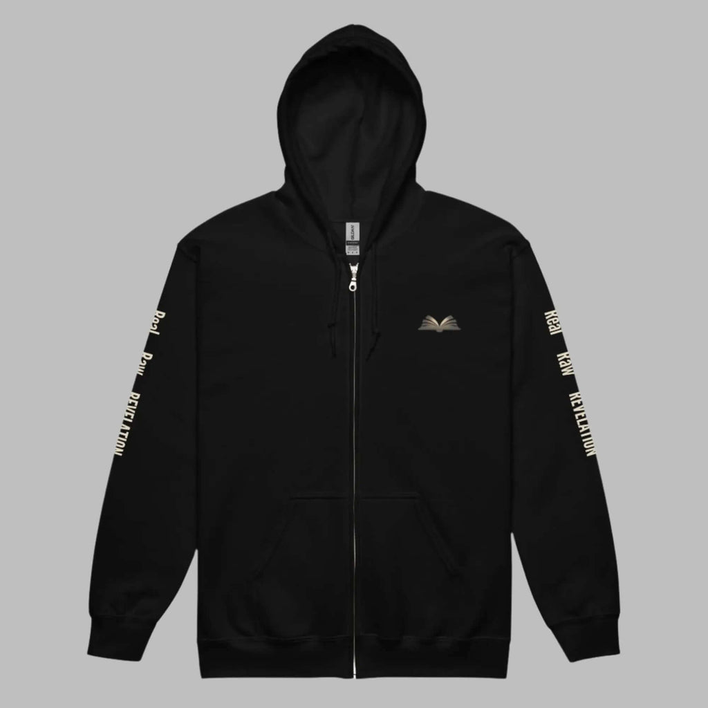 Revelation Unisex heavy blend zip hoodie in black with motivational design and front pockets.