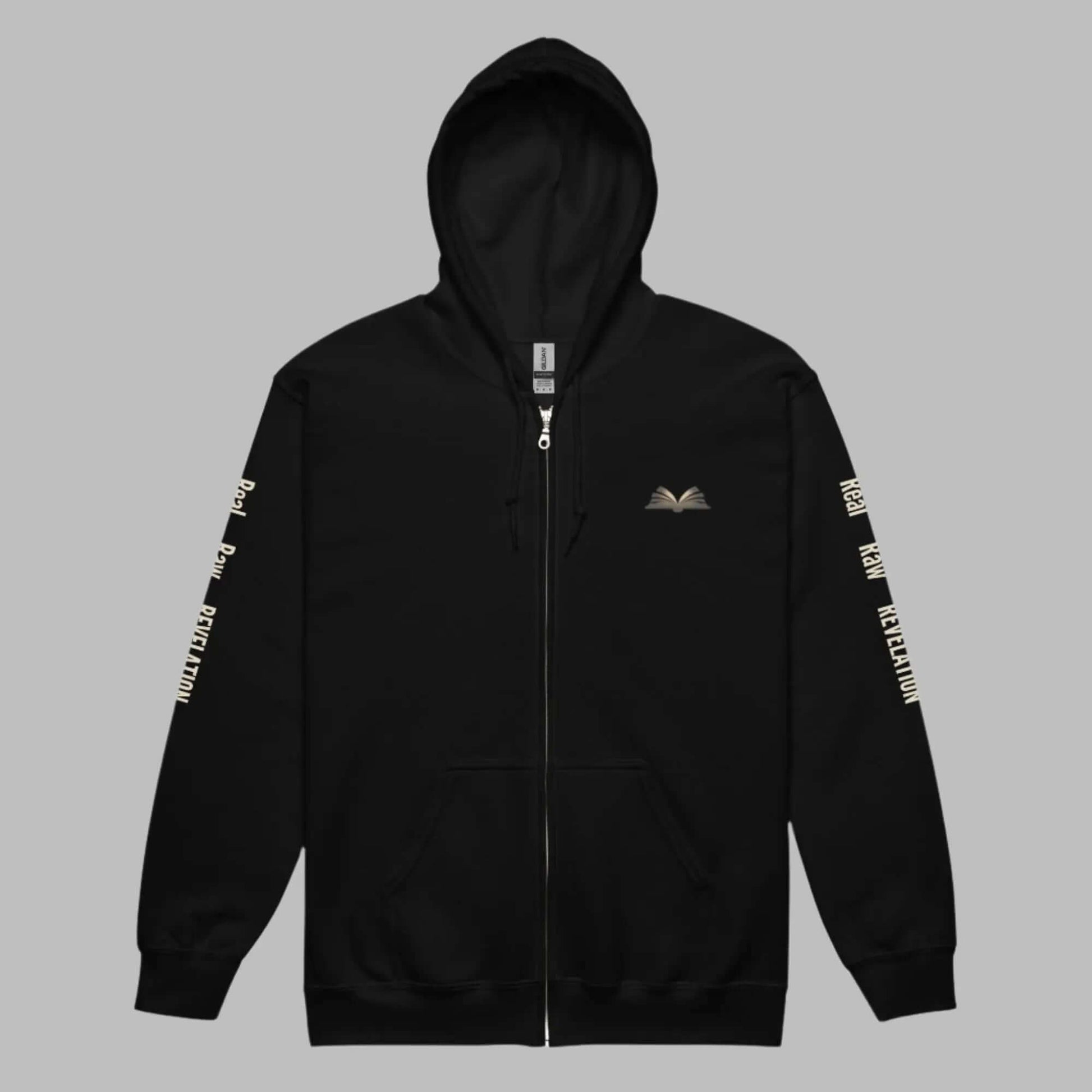 Revelation Unisex heavy blend zip hoodie in black with motivational design and front pockets.