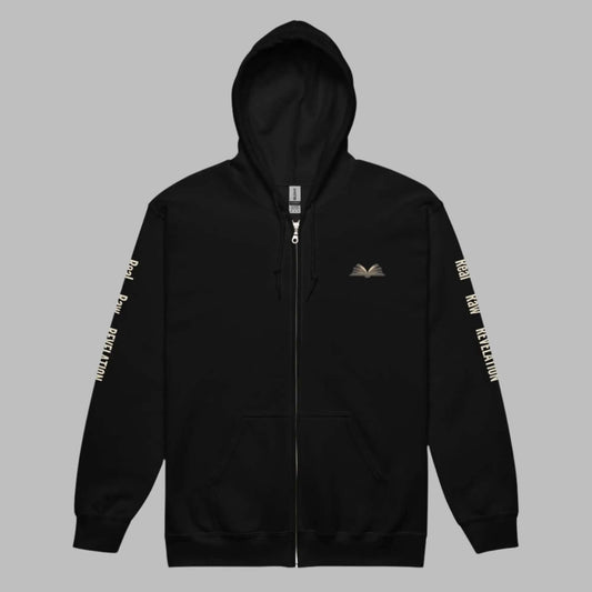 Revelation Unisex heavy blend zip hoodie in black with motivational design and front pockets.