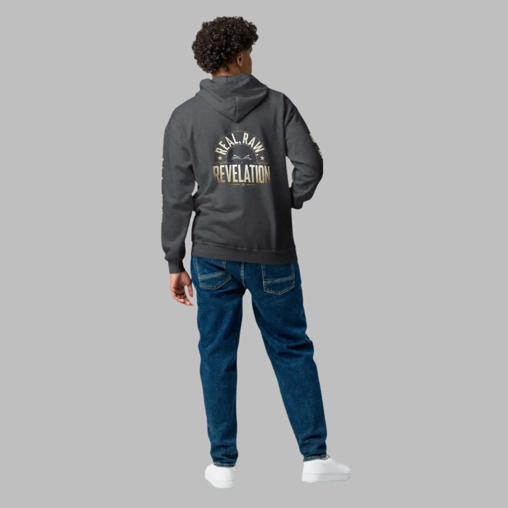 Revelation unisex heavy blend zip hoodie in black, featuring bold Christian message on the back, warm and stylish faith-based apparel