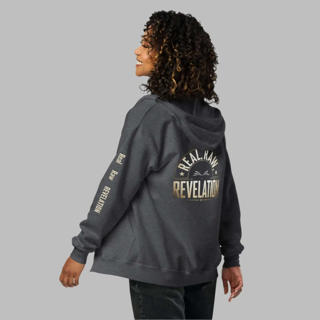 Revelation unisex heavy blend zip hoodie in black, featuring bold Christian message on the back, warm and stylish faith-based apparel