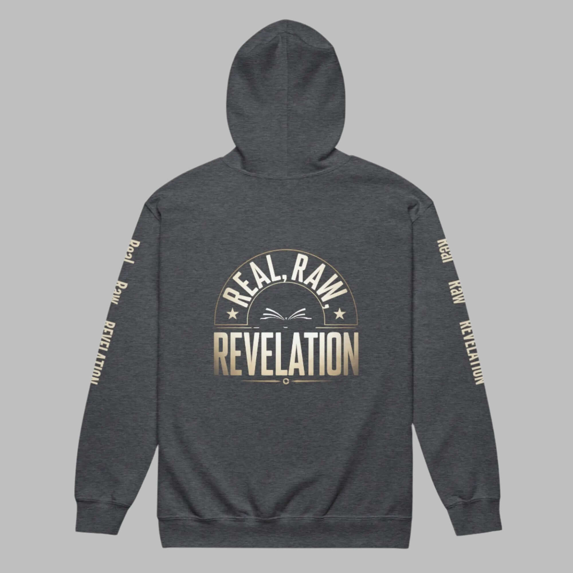 Revelation unisex heavy blend zip hoodie in black, featuring bold Christian message on the back, warm and stylish faith-based apparel