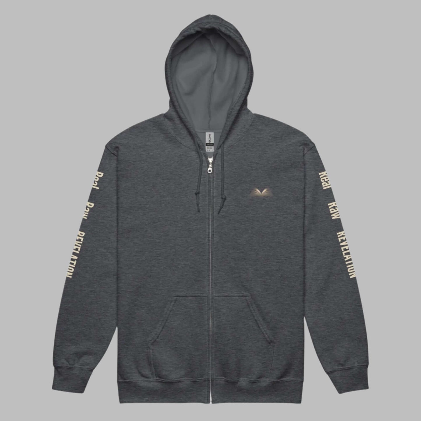 Revelation unisex heavy blend zip hoodie in black, featuring bold Christian message on the back, warm and stylish faith-based apparel