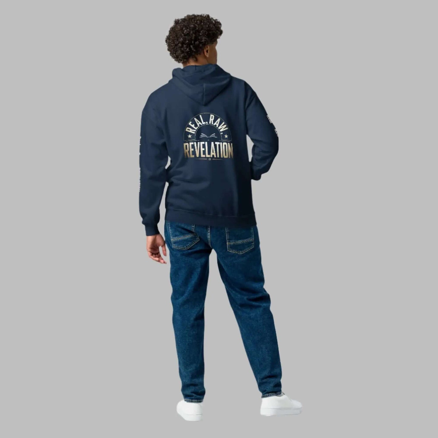 Revelation unisex heavy blend zip hoodie in black, featuring bold Christian message on the back, warm and stylish faith-based apparel