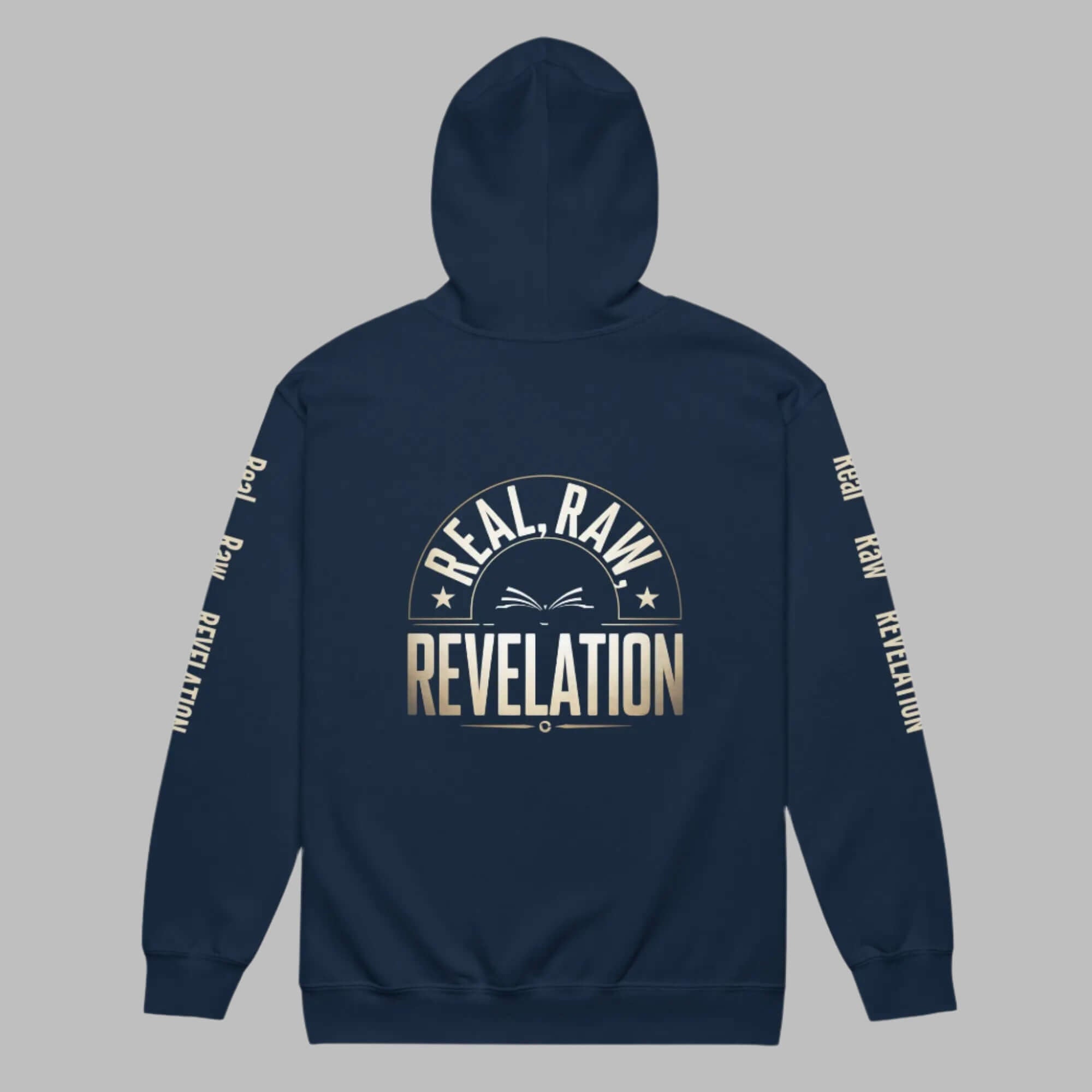 Revelation unisex heavy blend zip hoodie in black, featuring bold Christian message on the back, warm and stylish faith-based apparel